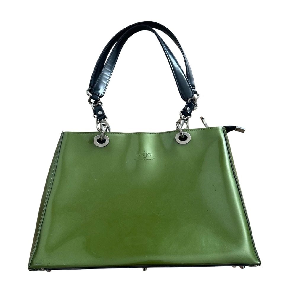 Beijo Olive Green Patent Leather Shoulder Bag Y2K Satchel Silver Hardware